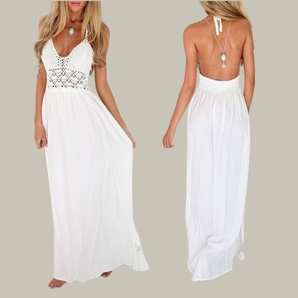 Lilbetter White Boho Crochet Halter Backless Maxi Dress, Small, Beach Photos